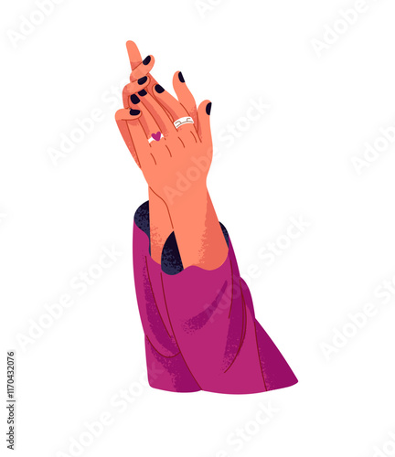 Female hands with manicure, rings applauding to congratulate, celebrate success. Woman clapping palms to show support. Happy person greeting with applause. Flat isolated vector illustration on white
