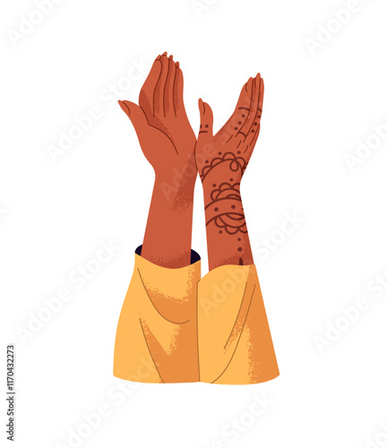 Female hands with mehendi applauding. Woman clapping palms with Indian henna ornaments. Happy applause to show support, greeting, congratulate. Flat isolated vector illustration on white background
