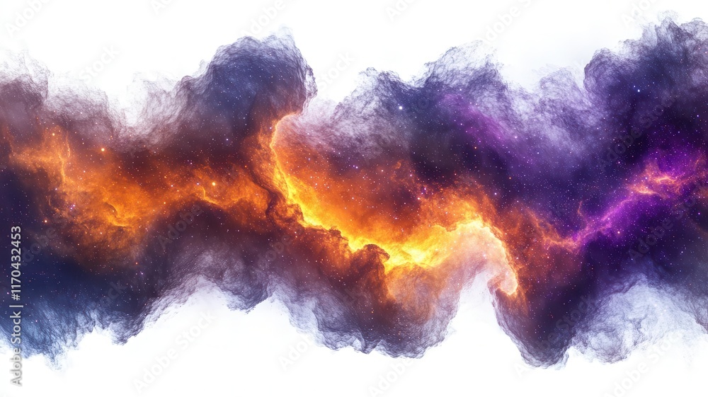 Fototapeta premium A cosmic nebula scene, dynamic swirling clouds with a grunge texture, vivid purple and orange highlights, isolated on white background