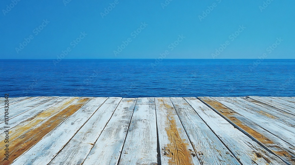 Ocean view, weathered wood dock, summer, clear sky, product display Ocean view, weathered wood dock, summer, clear sky, product display