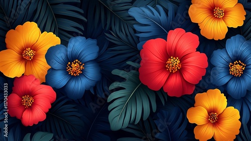 Wallpaper Mural Vibrant Tropical Flowers Bloom Digitally Illustrated in Bold Colors. AI Generated Torontodigital.ca