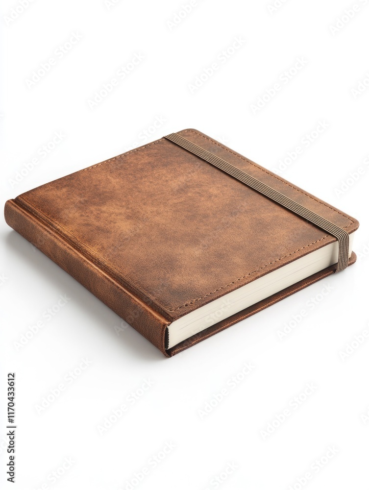 Brown leather-bound book on white background Brown leather-bound book on white background
