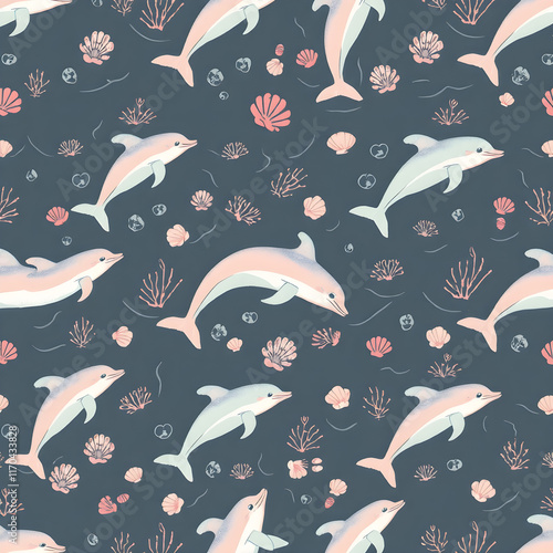 Seamless pattern of pastel dolphins jumping through waves, with coral and seashells around them. photo