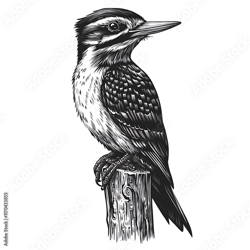 Detailed illustration of a woodpecker perched on a wooden post. photo