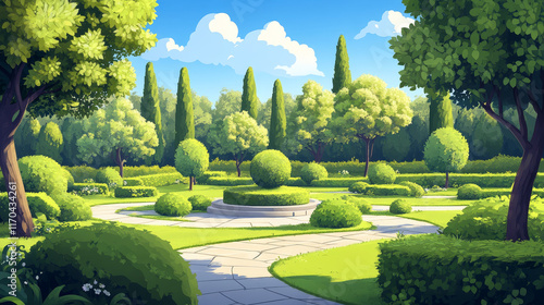 Green summer park, forest and garden landscape icons. With decorative trees and bushes, walking alleys and footpaths, peaceful grassy meadows and figured lawns photo