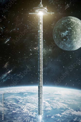 space elevator extending from Earth to an orbiting station. Humanity's expansion into space photo