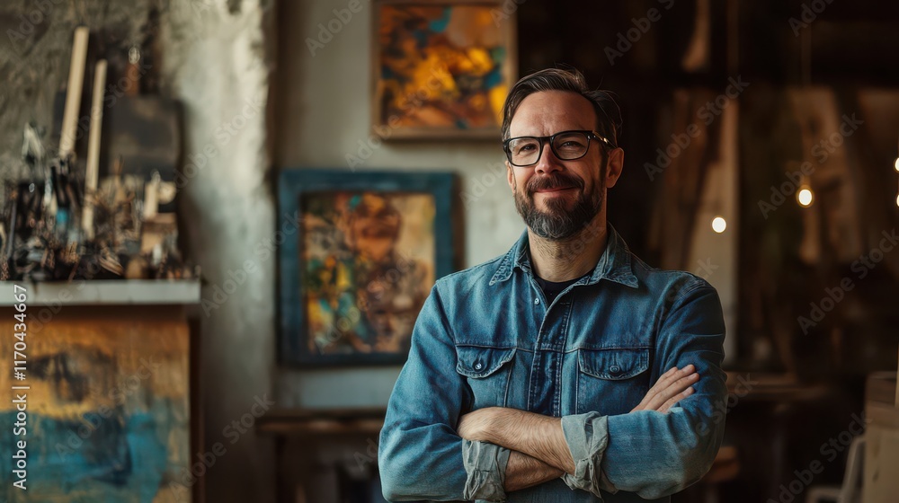 Smiling Artist in a Creative Studio Setting Smiling Artist in a Creative Studio Setting