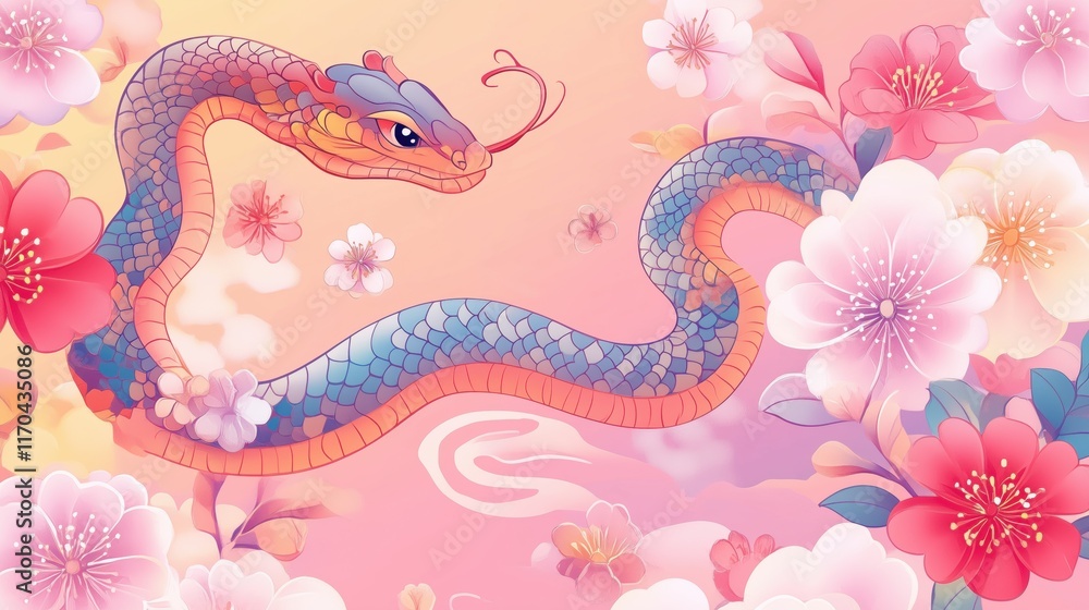 Obraz premium Digital icons and stickers featuring playful snake designs, cherry blossoms.