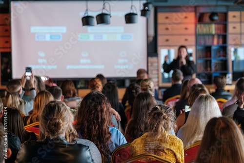 Large audience attending a speaker's presentation in a conference room focused on business ideas and networking. The event includes impactful visuals on the screen to convey messages.
