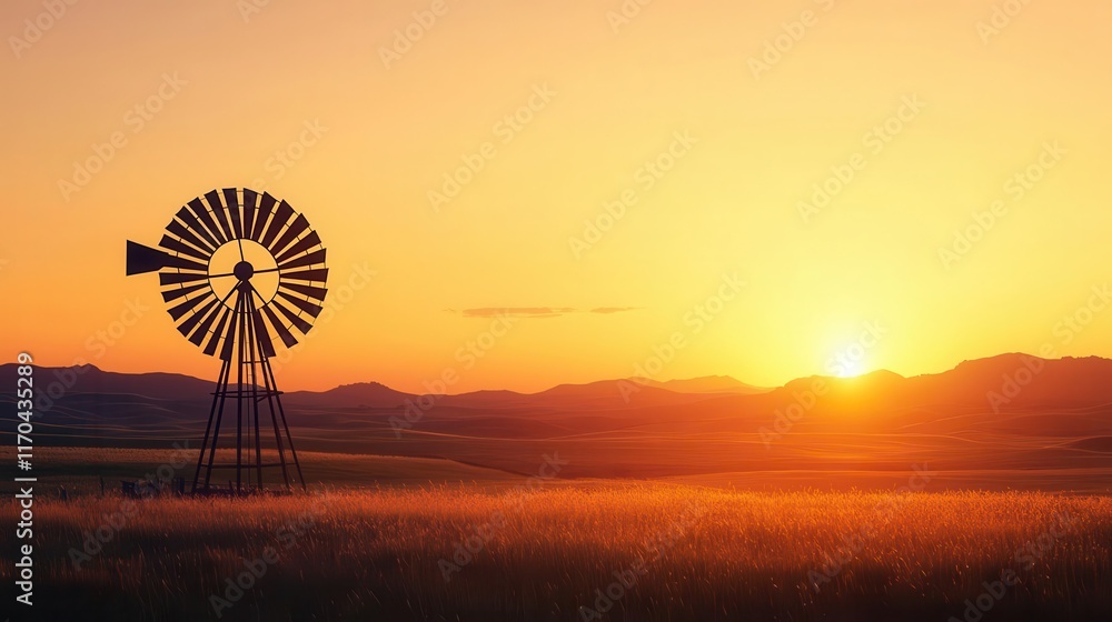 Windmill turning steadily against a glowing horizon, timeless and serene, patience, endurance, grace Windmill turning steadily against a glowing horizon, timeless and serene, patience, endurance, grace