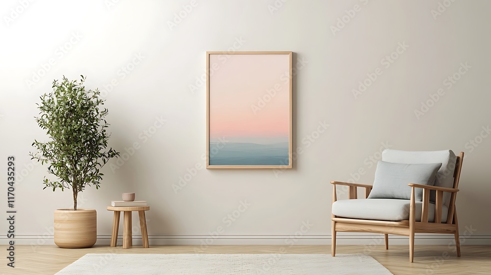 minimalist framed art mockup on bright white wall with cozy room setting