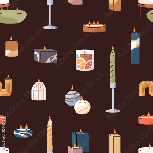 Repeatable pattern of aroma candles in jars. Scented candlelights with different shapes in holders. Endless background with trendy interior decoration, home decor. Flat seamless vector illustration