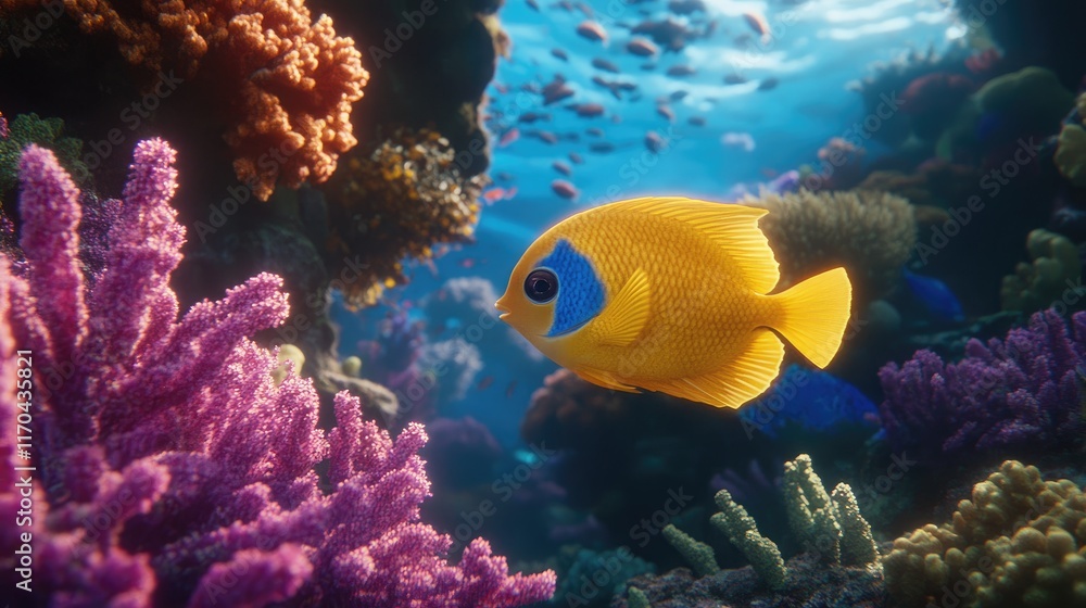 Naklejka premium Angel fish swimming gracefully with vibrant coral in the background, glowing with natural light.