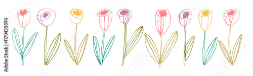 Crayon drawn cute tulip flowers collection. Colorful hand drawn doodle kid's plant.