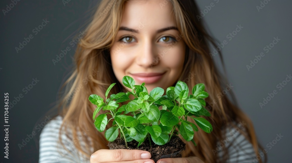 Smiling woman holding a small potted plant. Smiling woman holding a small potted plant.