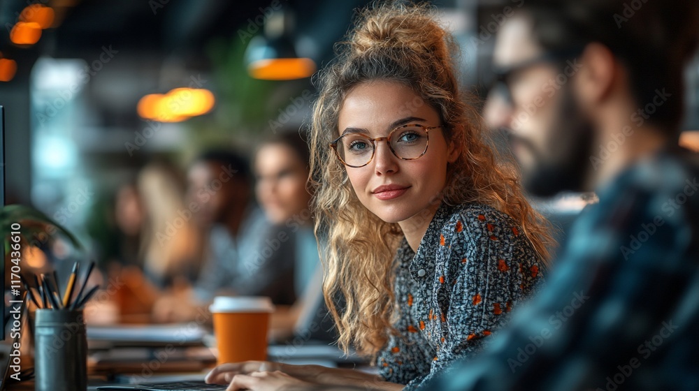 Young Woman Works On Laptop In Busy Office Setting Young Woman Works On Laptop In Busy Office Setting