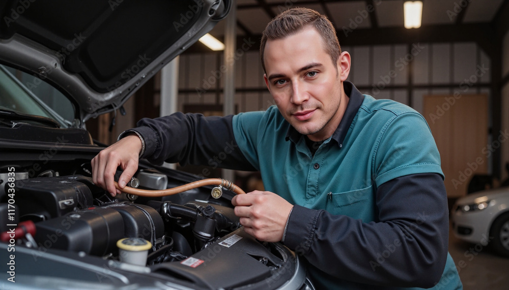 Mechanic inspecting car heating system hoses in garage, automotive care Mechanic inspecting car heating system hoses in garage, automotive care