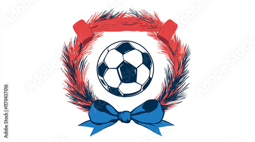 Football Club label established in 1927 with a foliate wreath enclosing football or soccer logo ball with red and blue ribbons. Text 