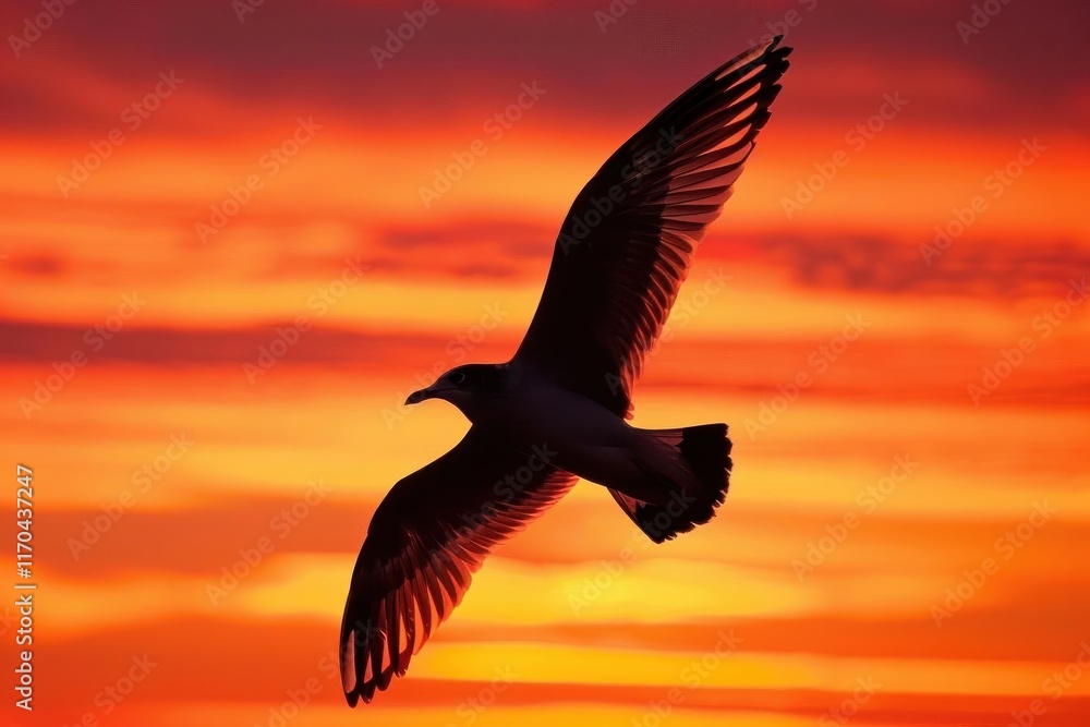 Fototapeta premium A silhouette of a bird soaring against a vibrant sunset sky.