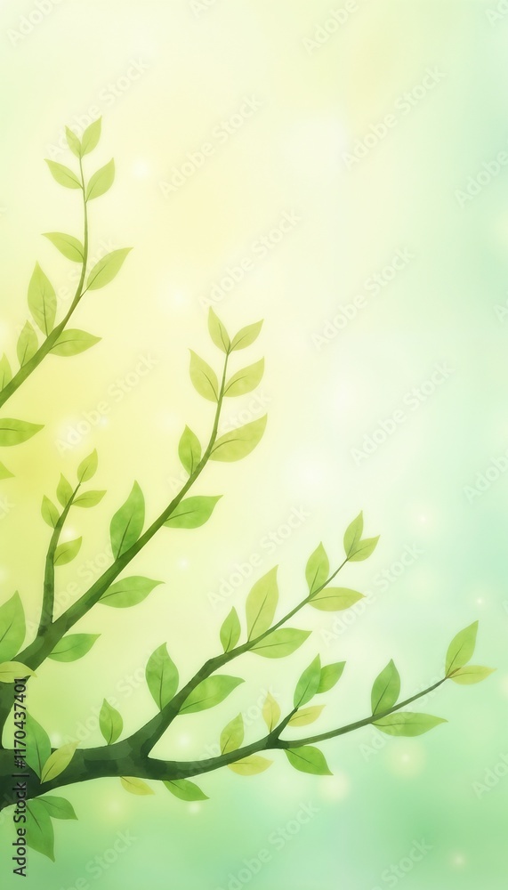 Stylized branch with green leaves on a soft gradient background with ample copy space Stylized branch with green leaves on a soft gradient background with ample copy space