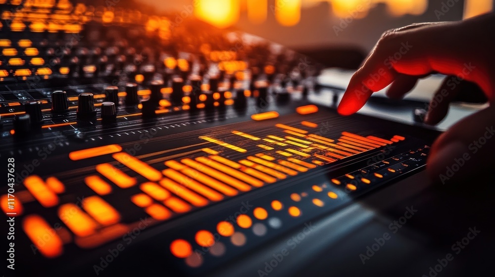 Hand mixing audio, studio console, sunset backdrop, music production Hand mixing audio, studio console, sunset backdrop, music production