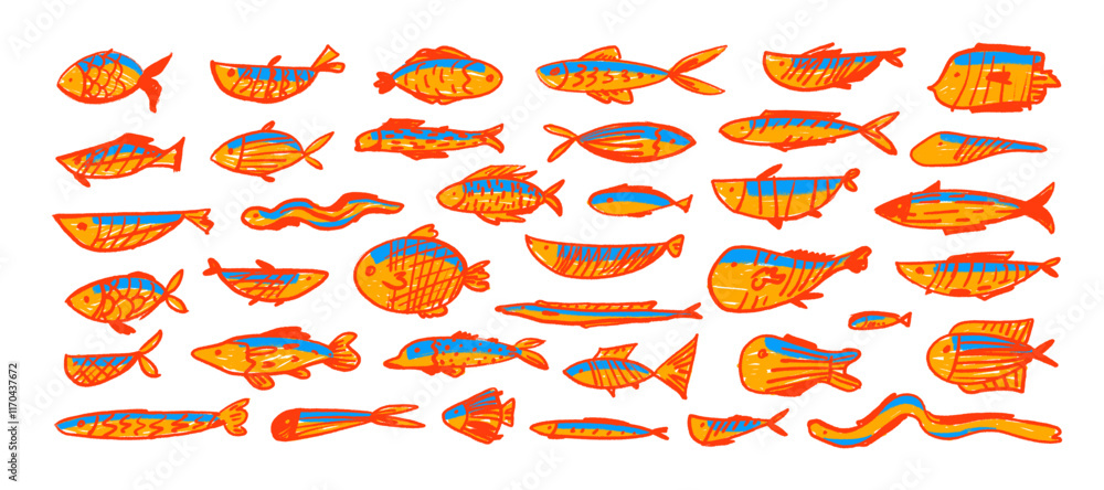 Fototapeta premium Various crayon drawn cute red and yellow fish with decorative patterns. Hand drawn vector marine creatures. Doodle collection of kids’ fish icons, featuring salmon, tuna, eel, and other creatures.