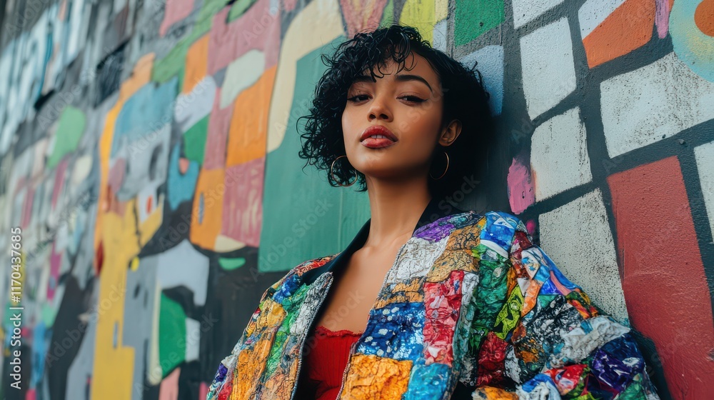 Fototapeta premium Vibrant Urban Portrait Against Colorful Mural Background