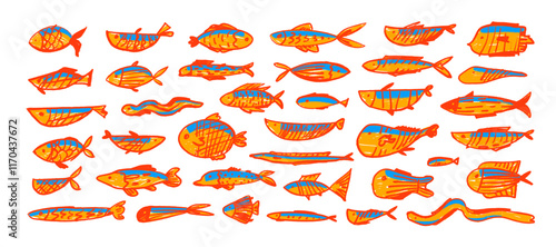 Various crayon drawn cute red and yellow fish with decorative patterns. Hand drawn vector marine creatures. Doodle collection of kids’ fish icons, featuring salmon, tuna, eel, and other creatures.