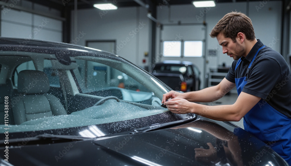 Mechanic testing car defroster system in garage, precision and care Mechanic testing car defroster system in garage, precision and care