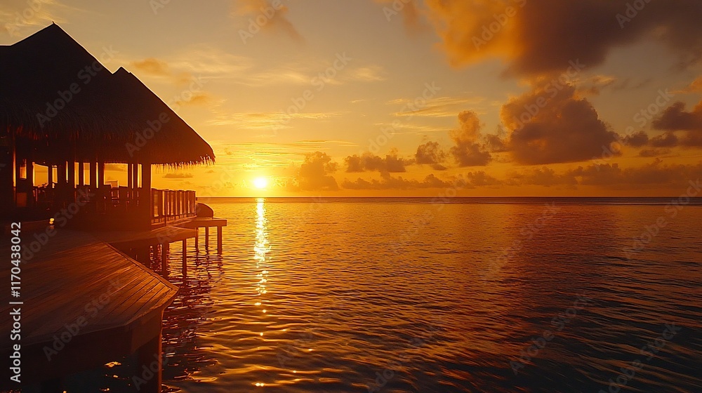 Tropical sunset over oceanfront hut Tropical sunset over oceanfront hut