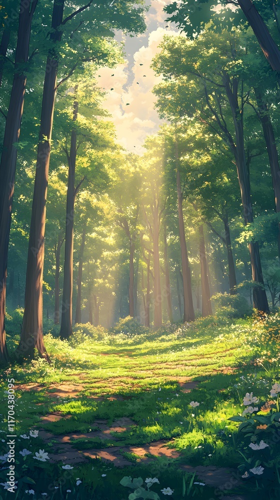 Fototapeta premium Serene forest pathway with sunlight filtering through lush trees.