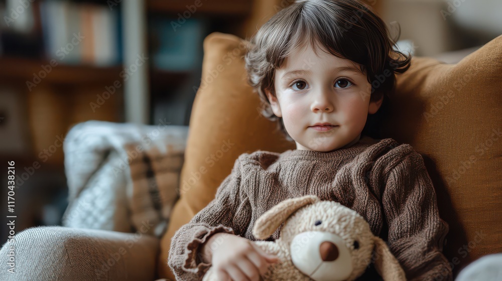 Cute Child with Teddy Bear Sitting on Couch Cute Child with Teddy Bear Sitting on Couch