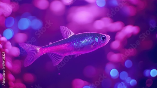 A neon tetra fish glowing vividly in a dark aquarium, set against a surreal purple background.