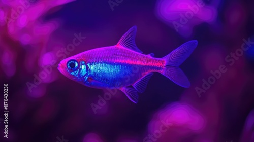 A neon tetra fish glowing vividly in a dark aquarium, set against a surreal purple background.