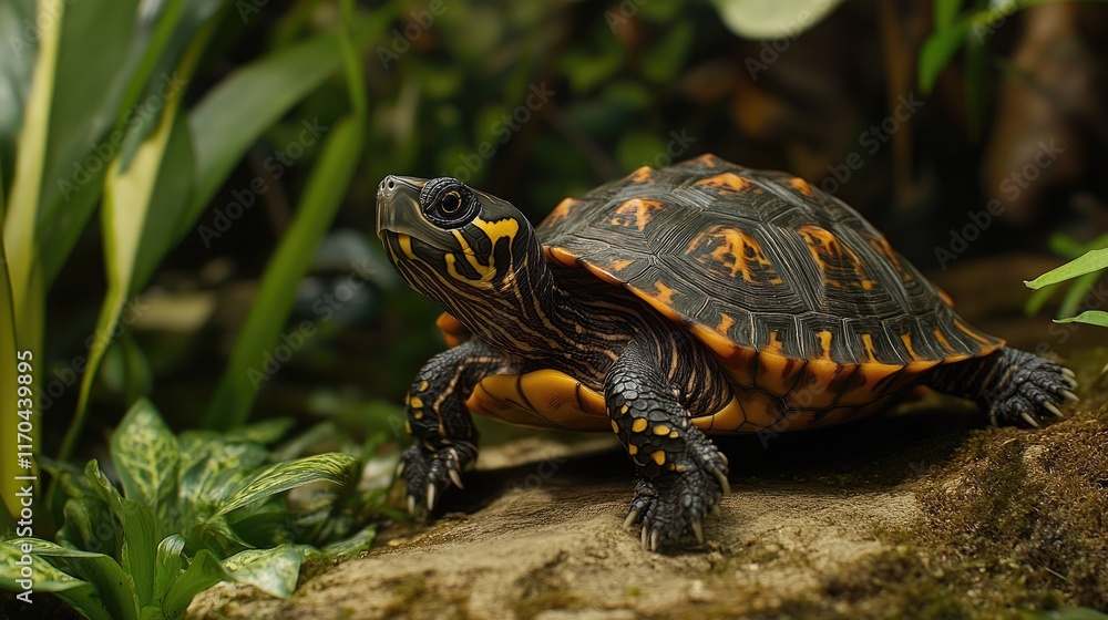 A turtle surrounded by tropical plants with vibrant greens and earthy browns in the background, showcasing its natural habitat. A turtle surrounded by tropical plants with vibrant greens and earthy browns in the background, showcasing its natural habitat.
