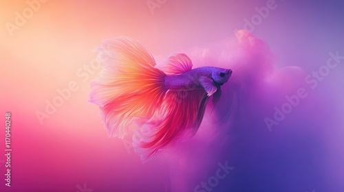 A vibrant betta fish with flowing fins, photographed against a gradient pink and purple background.