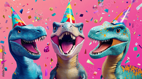 Birthday dino party invite cover with prehistoric funny dinosaurs. Vector vibrant and lively invitation for dinosaur themed event celebration for children with adorable vivid Jurassic reptile animals photo