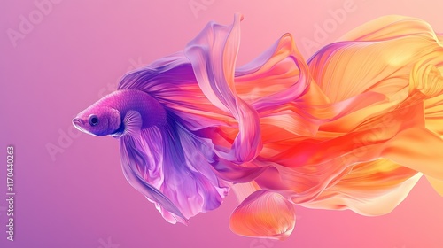 A vibrant betta fish with flowing fins, photographed against a gradient pink and purple background.