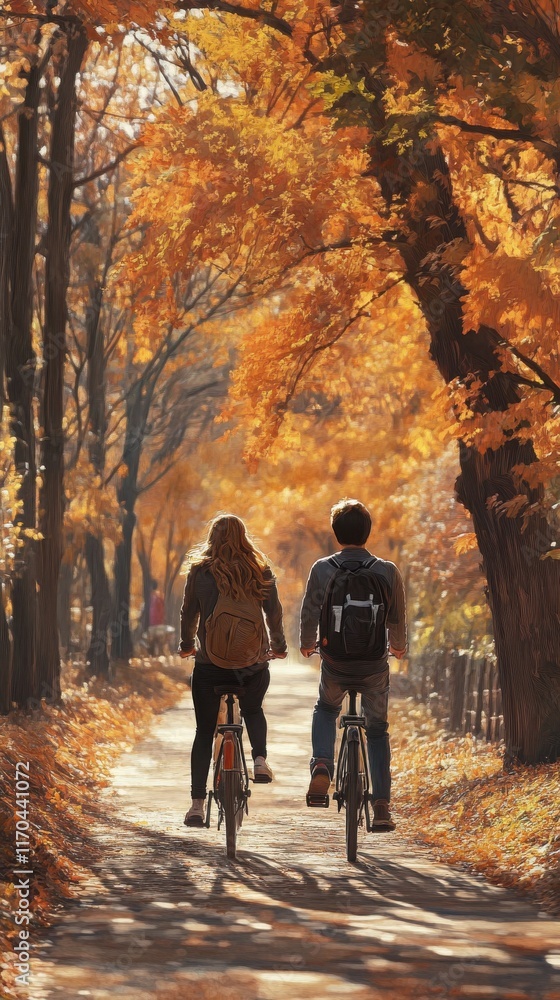 Candid shot of a young couple riding bicycles through a vibrant autumn forest on a sunny day Candid shot of a young couple riding bicycles through a vibrant autumn forest on a sunny day