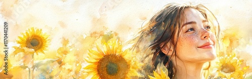 Portrait of a joyful woman in a sunflower field under a bright sky during golden hour capturing serene beauty