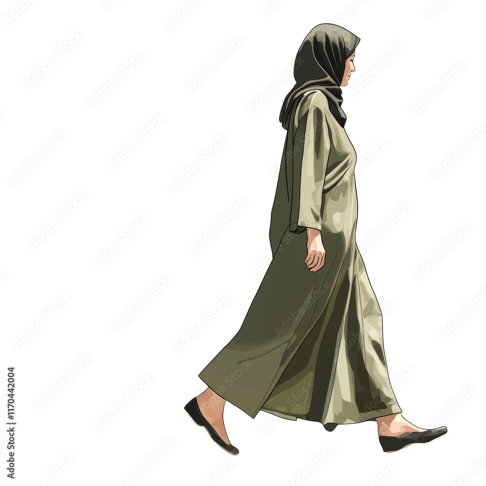 Graceful Walk: Muslim Woman in Modest Clothing. isolated transparent background