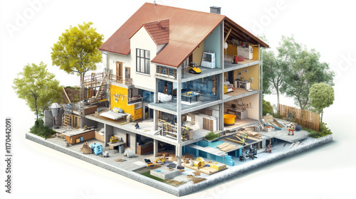 Construction business infographic. House building and development graph and chart with design planning, engineering and finishing work statistics, builder tool and construction site equipment diagram photo