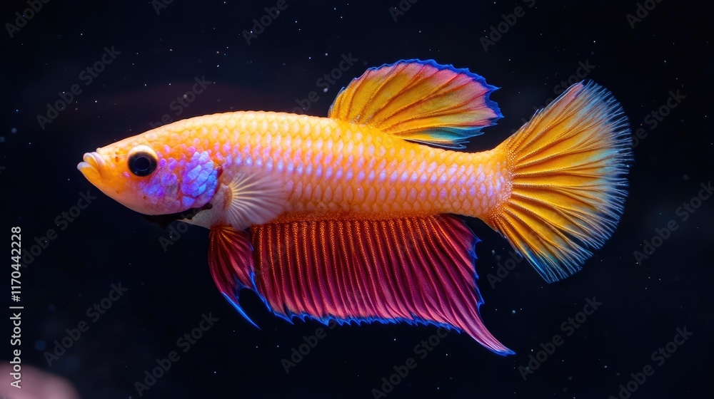 Fototapeta premium Single beta fish with intense colors, isolated against a striking black background with subtle lighting.