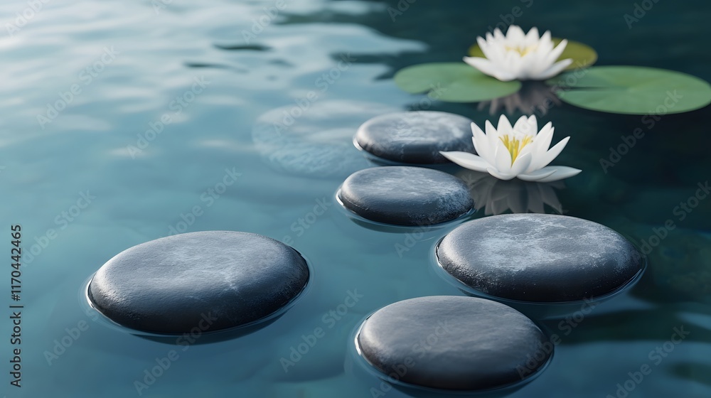 Tranquil Water Scene With Stones and Water Lilies Tranquil Water Scene With Stones and Water Lilies