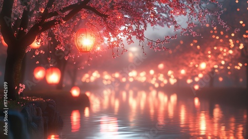 Cherry Blossom Alley, lanterns, canal, misty night