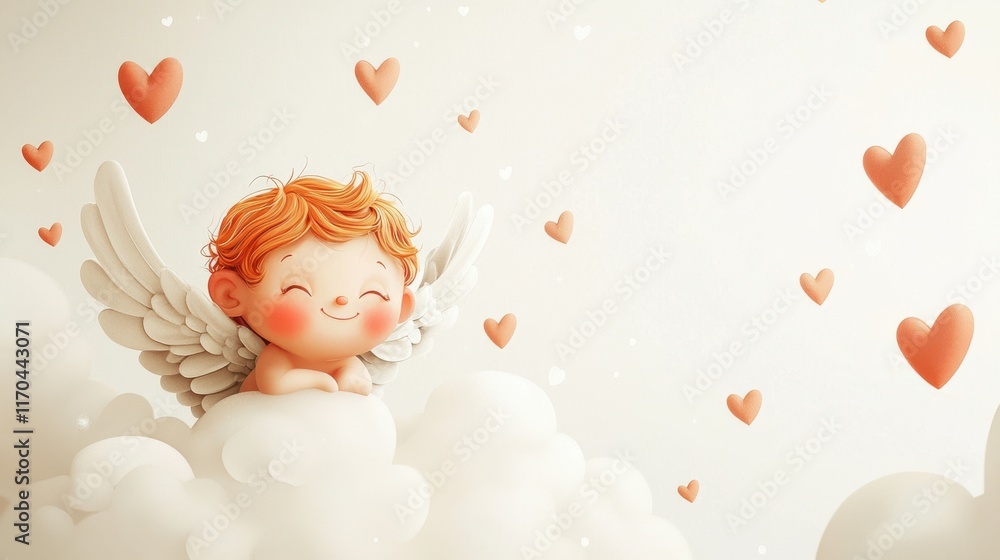 Chubby cupid with tiny wings and a smile floating among clouds and hearts Chubby cupid with tiny wings and a smile floating among clouds and hearts