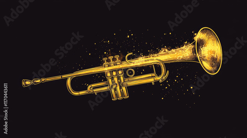 Jazz music icon, stylish vector emblem, showcasing golden trumpet instrument within a bold square frame on a black background. Elegant and vibrant label for live musical concert or jazz festival photo