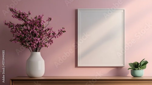 empty white picture frame mockup above stylish bookshelf and cozy room decor
