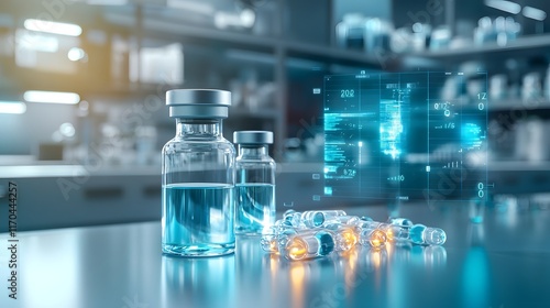 A quantum powered virtual twin simulation showcasing the stability of vaccines across various climate conditions with glowing holographic environmental data and analytics displayed