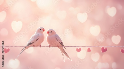 birds perched on a line surrounded by delicate heart motifs on a pale pink background photo